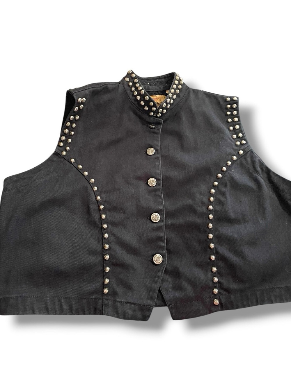 Gordon & James authentic blackdenim vest with studs, size XL, classic 1980’s/90s